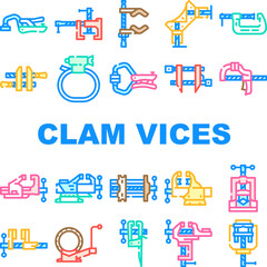 clamp vice grip tool metal icons set vector. equipment vise, steel screw, construction hold, industry compress, industrial hold clamp vice grip tool metal color line illustrations