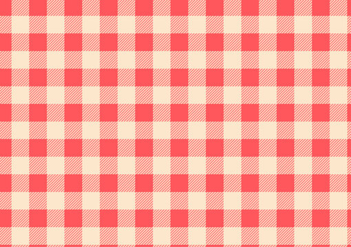 Red Checkered Fabric With Crossed Patterns On A Yellow Background, Designed For Tablecloths, Blankets, Curtains, Garments, Gingham.