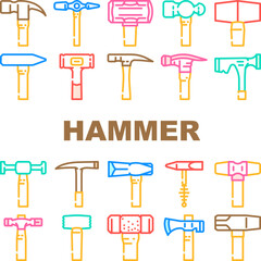 hammer tool construction icons set vector. carpentry wood, equipment work, metal repair, mallet carpenter court, hand hammer tool construction color line illustrations