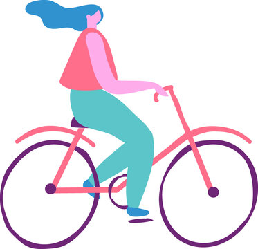 Woman, gilr riding bicycle flat illustration