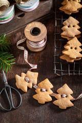 Tasty gingerbread cookies chain as unique decorations.