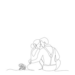 Backside of young bride and her groom sitting together in single line drawing style.Romantic couple holding and kissing continue line.Vector illustration isolate flat design concept of Valentine’s Day