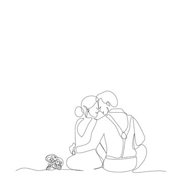recommend clip art: Backside of young bride and her groom sitting together in single line drawing style.Romantic couple holding and kissing continue line.Vector illustration isolate flat design concept of Valentine’s Day