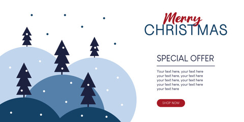 Fototapeta na wymiar Merry Christmas banner with Christmas trees, minimalism, simple , vector illustration, web banner, website, dark blue, red, blue colors, snow
