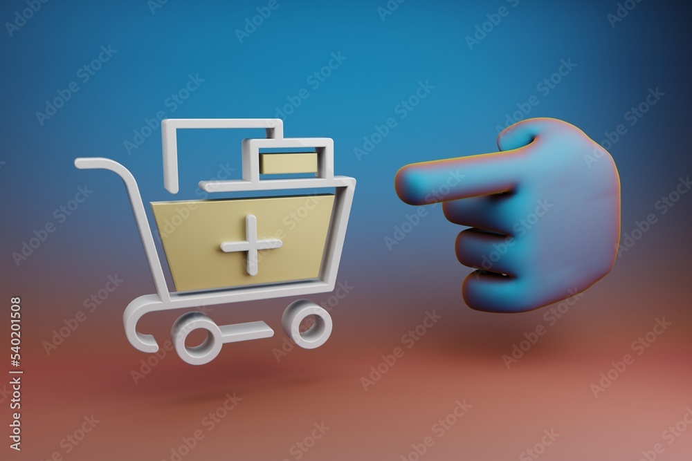 Leinwandbilder Beautiful illustrations abstract Hand index finger points to Shopping Cart Plus symbol icon on a multicolor bright background. 3d rendering illustration. Background pattern for design.