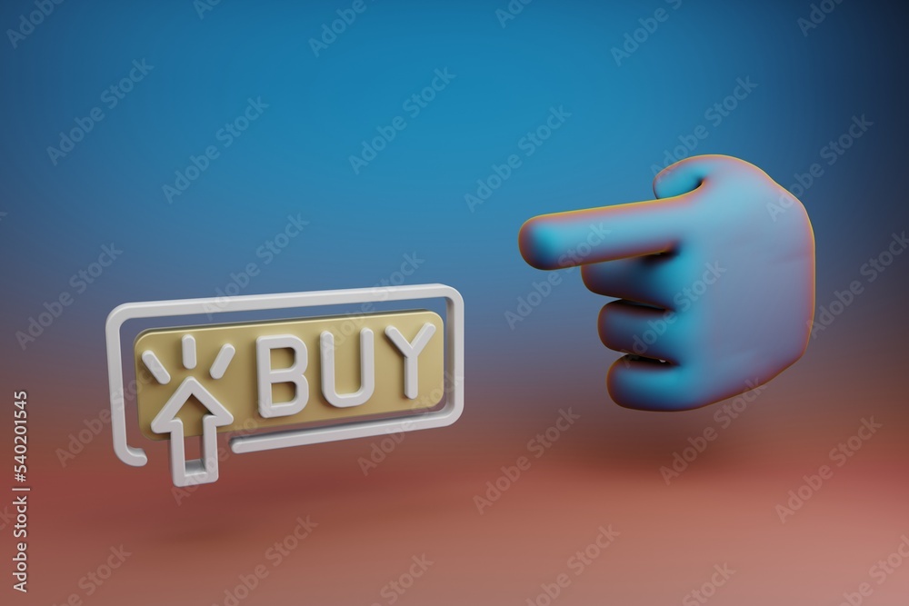 Fototapete Beautiful illustrations abstract Hand index finger points to Buy Button symbol icon on a multicolor bright background. 3d rendering illustration. Background pattern for design.