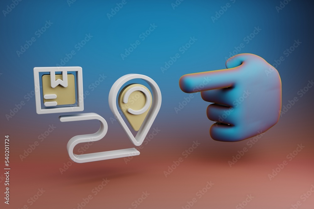 Poster Beautiful illustrations abstract Hand index finger points to Delivery Location Tracking symbol icon on a multicolor bright background. 3d rendering illustration. Background pattern for design.