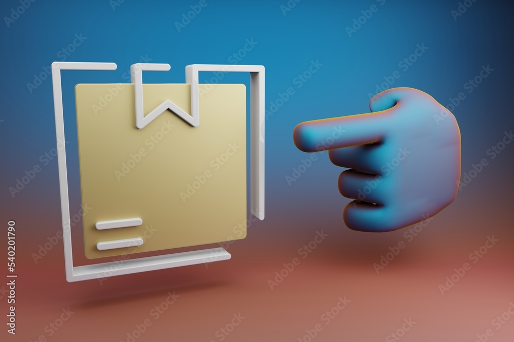 Fototapete Beautiful illustrations abstract Hand index finger points to Delivery Search symbol icon on a multicolor bright background. 3d rendering illustration. Background pattern for design.