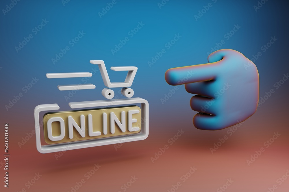 Aufkleber beautiful illustrations abstract hand index finger points to online shopping cart symbol icon on a m