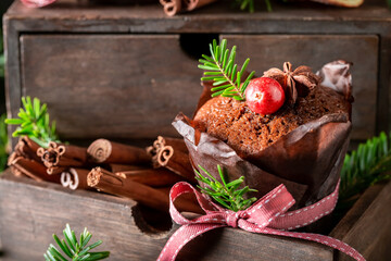 Homemade gingerbread muffins with spruce for Christmas.