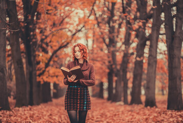 Beautiful girl with red hair in a sweater reads a book in the autumn park, October