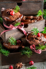 Tasty gingerbread muffins with cranberries and cinnamon for Christmas.