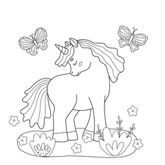 Simple kids coloring book with cute unicorn and butterfly. Vector illustration with elementary outline, silhouette of plants and flowers, editable stroke