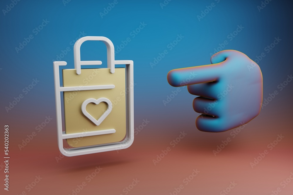 Poster Beautiful illustrations abstract Hand index finger points to Shopping Bag And Heart symbol icon on a multicolor bright background. 3d rendering illustration. Background pattern for design.