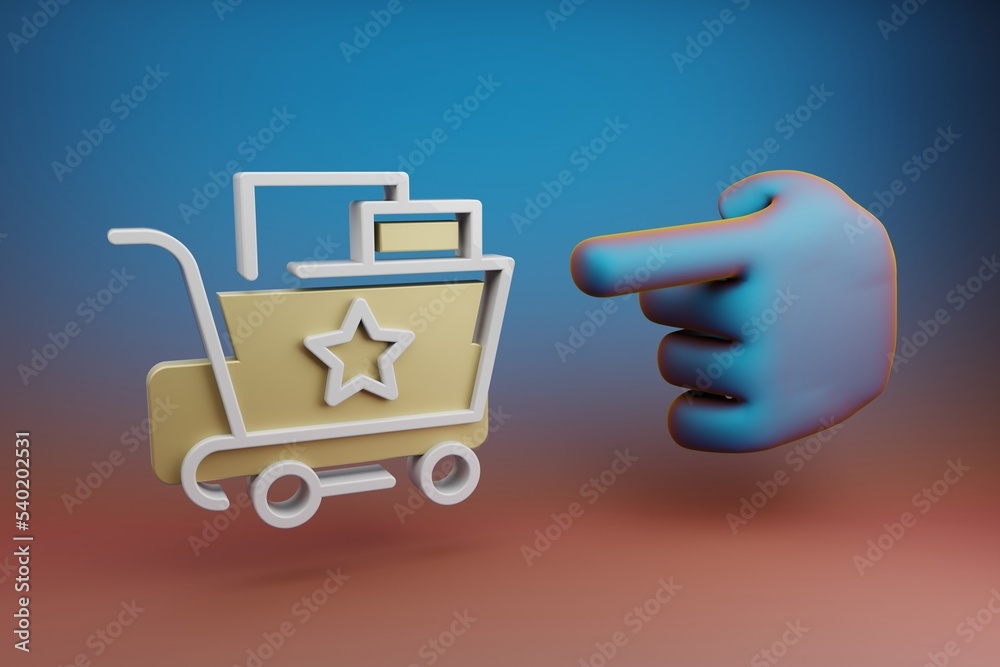 Aufkleber Beautiful illustrations abstract Hand index finger points to Shopping Cart And Star symbol icon on a multicolor bright background. 3d rendering illustration. Background pattern for design.