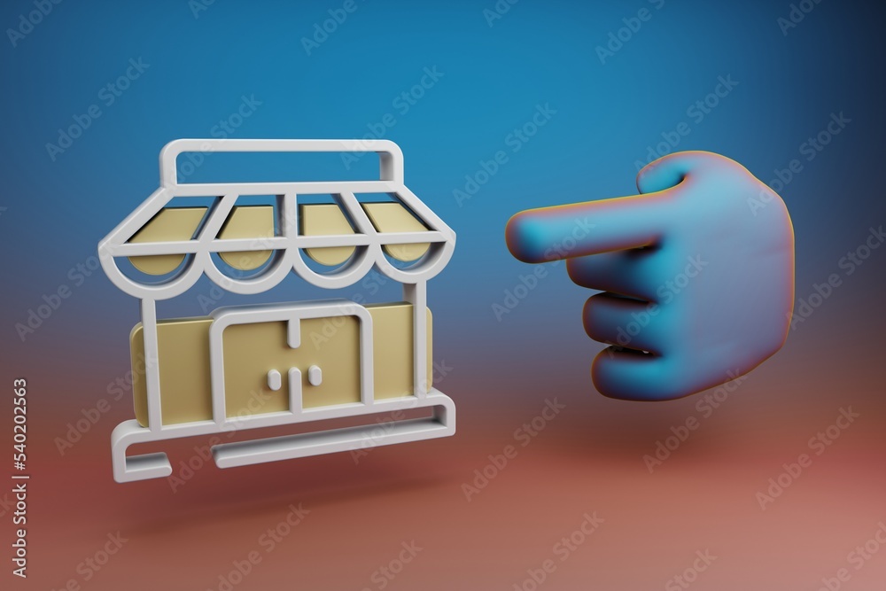 Fototapete Beautiful illustrations abstract Hand index finger points to Store Building symbol icon on a multicolor bright background. 3d rendering illustration. Background pattern for design.