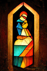 Abstract stained glass windows featuring Christmas nativity scenes