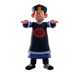 3D illustration. 3D Cartoon Vampire featuring his iconic jumping pose. raise both hands forward by using patches on the forehead. showing a scary facial expression. 3D Cartoon Character