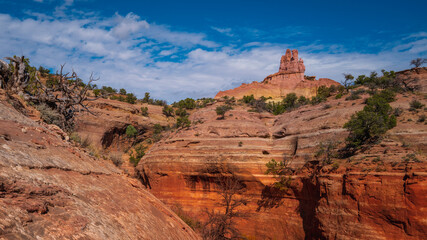 Church Rock and eroded rock wall trails in Red Rock Park in Gallup, McKinley County, New Mexico, USA