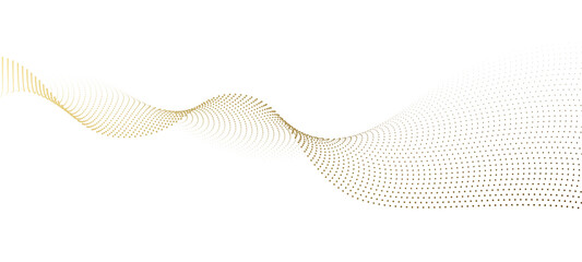 Abstract dot particles wavy flowing curve pattern by gold gradient color on transparent background in concept of luxury, technology, science, music, modern.