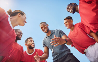 Soccer, coach and men team in sport, strategy and plan to players before game or match. Coaching, teamwork or support in football group with man talk, communication or conversation with happy smile