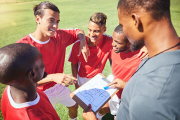 Soccer, team and coaching with strategy, paper and formation with talking, communication and...