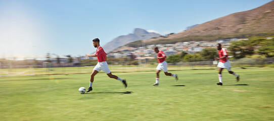 Obraz na płótnie Canvas Soccer player, running and soccer ball team sports competition game, grass pitch and goals of winning score in South Africa. Motion blur professional athlete, football field action and outdoor energy