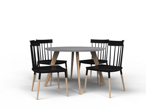 wooden round dining table with four chairs. Modern designer, dining table and chairs isolated transparent background