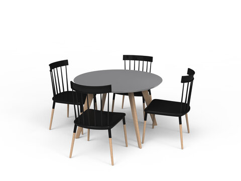 wooden round dining table with four chairs. Modern designer, dining table and chairs isolated transparent background