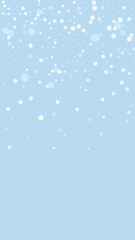 Falling snowflakes christmas background. Subtle flying snow flakes and stars on light blue winter backdrop. Beautifully falling snowflakes overlay. Vertical vector illustration.