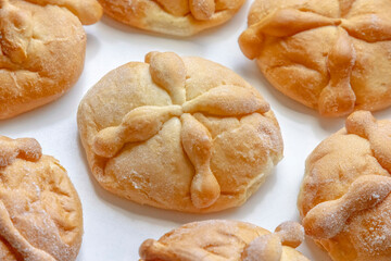 Bread of the dead a type of sweet bread traditionally baked in Mexico and the Mexican diaspora during the weeks leading up to the day of the dead, celebrated from November 1 and 2.