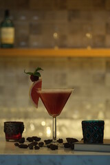 red cocktail on the bar counter