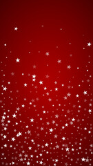 Snowfall overlay christmas background. Subtle flying snow flakes and stars on christmas red background. Festive snowfall overlay. Vertical vector illustration.