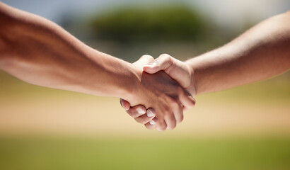 Teamwork, sports and health with handshake with people playing game for fitness, support and...