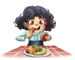 Illustration of little girl eating different fruits
