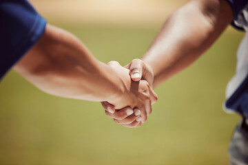 Closeup, handshake and baseball for game, match or contest with respect in sport on field. Shaking hands, man and baseball player in competition, together or motivation for success, greeting or unity - obrazy, fototapety, plakaty