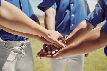 Hands, team and baseball in support, trust and coordination for unity in sports on a field in the...