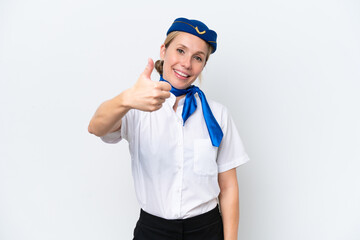 Airplane blonde stewardess woman isolated on white background with thumbs up because something good has happened