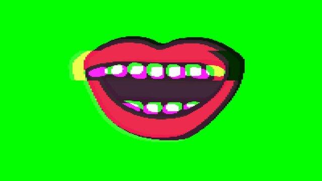 Mouth, smile or lips with glitch effect on green background. Emoji motion graphics.