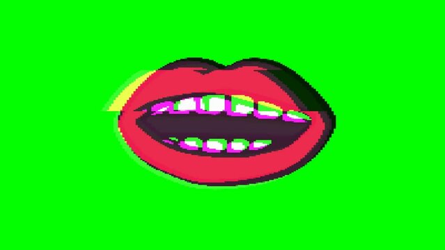 Mouth, smile or lips with glitch effect on green background. Emoji motion graphics.