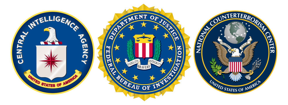 Vector seal of the Central Intelligence Agency. Federal Bureau of Investigation. National Counterterrorism Center logo