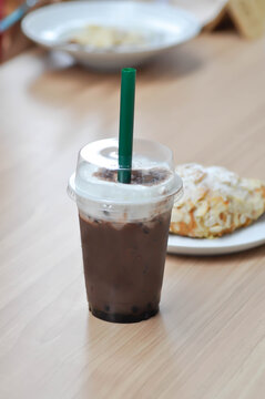 cocoa ,chocolate or iced chocolate, iced cocoa and croissant