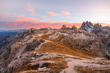 Mountain view with alpenglow in the dolomites