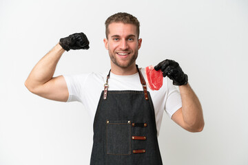 Butcher caucasian man wearing an apron and serving fresh cut meat isolated on white background...