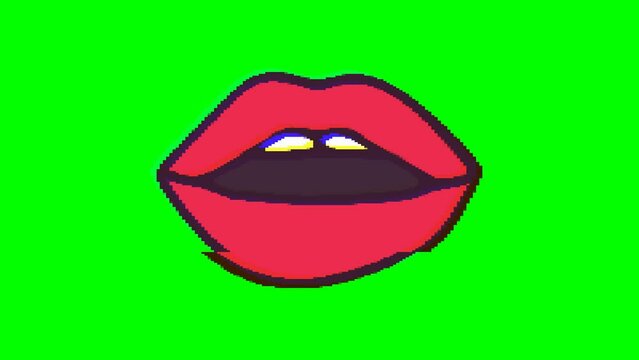 Open mouth or lips with glitch effect on green background. Emoji motion graphics.