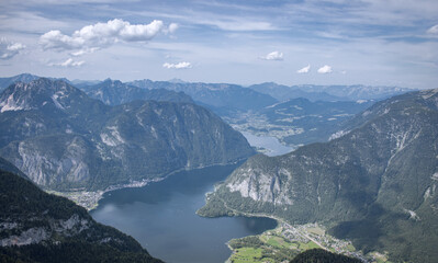 Wide panoramic beautiful view from Dachstein on a sunny day with the lake in the background. Austrian Alps. Viewpoint 5 Fingers 