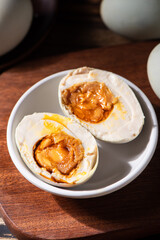 preserved Salted duck eggs with egg yolk on table
