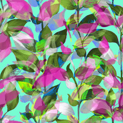 Seamless pattern of violet, green and white leaves. Simple botanical illustration. Background for blog, decoration. Design for wallpapers, textiles, fabrics.