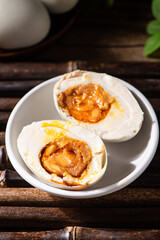 preserved Salted duck eggs with egg yolk on table