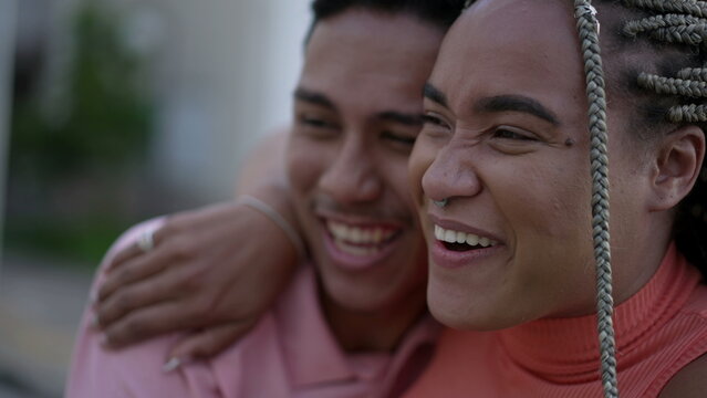 Two Black Friends Happy Reunion. Brazilian People Embrace. South American Hispanic Family Members Hugging Each Other